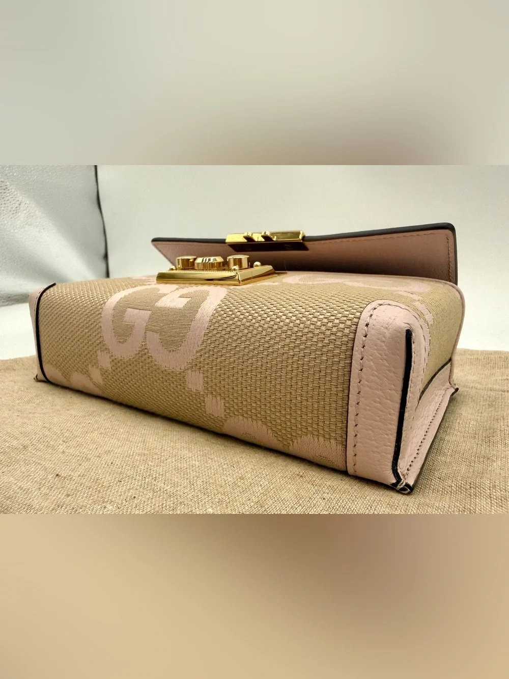 Gucci Padlock Jumbo GG Mini Calfskin Top Handle Shoulder Bag Perfect Pink /Beige